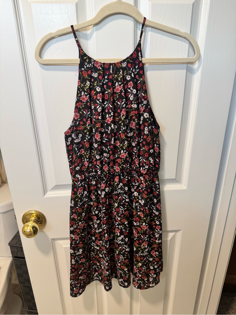 Blue Rain Black Mini Dress with Pink Floral Print